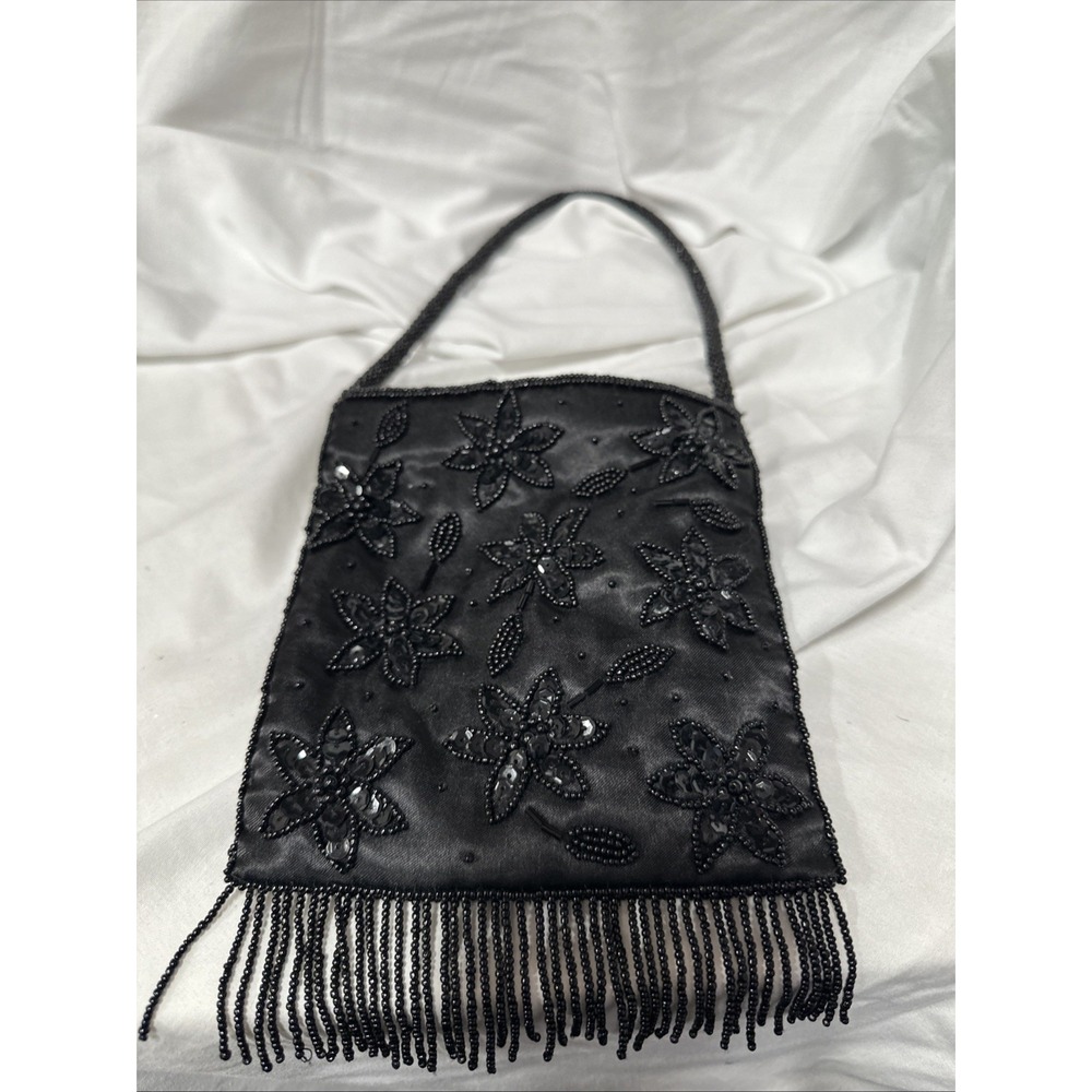 Black beaded florals purse handbag‎ 9" wide 14" tall with fringe and handle VTG